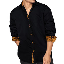 black solid gold paisley mens silk Button Down Long Sleeve shirt