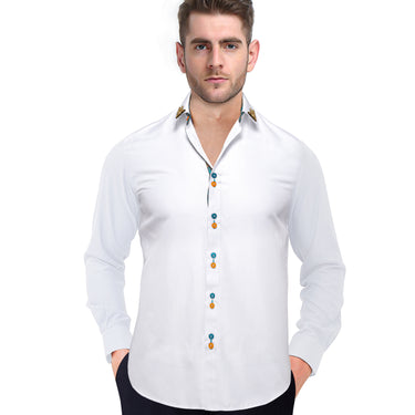 Dibangu White Plain Long Sleeve Shirt For Men with Collar pin