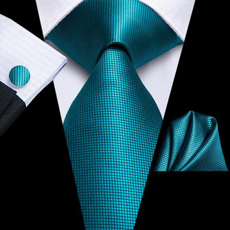 Elegent Teal Solid Tie Pocket Square Cufflinks Set