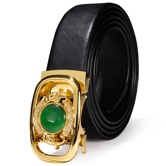 Golden Emerald  Metal Automatic Buckle Black Leather Belt 43 inch to 63 inch