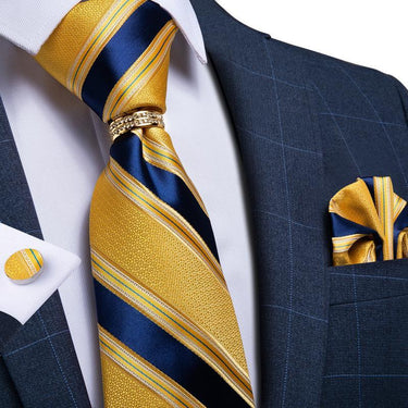 4PCS Yellow Blue Striped  Men's Tie Pocket Square Cufflinks with Tie Ring Set (4527281373265)