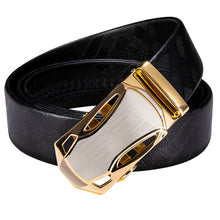 Golden Solid Metal Automatic Buckle Black Leather Belt 43 inch to 63 inch