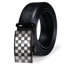 Black Silver Plaid Metal Automatic Buckle Black Leather Belt 43 inch to 63 inch