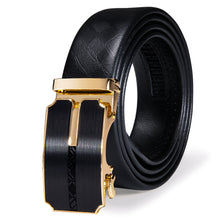 Classic Black Golden Rectangle Metal Automatic Buckle Black Leather Belt 43 inch to 63 inch