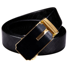 Classic Black Golden Rectangle Metal Automatic Buckle Black Leather Belt 43 inch to 63 inch