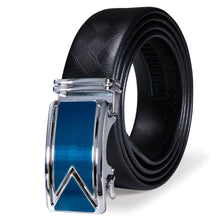 New Silver Blue Rectangle Metal Automatic Buckle Black Leather Belt 43 inch to 63 inch