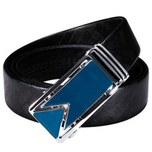 New Silver Blue Rectangle Metal Automatic Buckle Black Leather Belt 43 inch to 63 inch