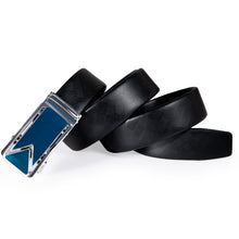 Silver Blue Rectangle Metal Automatic Buckle Black Leather Belt 43 inch to 63 inch