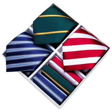 3PCS Gift Necktie Set Blue Red Silk Striped Tie Handkerchief Cufflinks Set