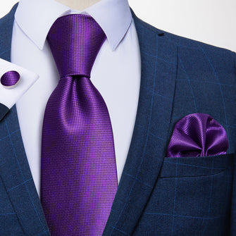 Purple Solid Tie Hanky Cufflinks Set 