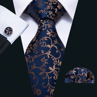 Unique silk mens navy blue brown floral tie pocket square cufflinks set