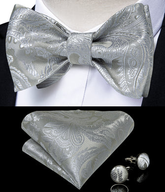 Silver Paisley Silk Self-Bowtie Pocket Square Cufflinks Set