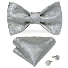 Silver Paisley Silk Self-Bowtie Pocket Square Cufflinks Set