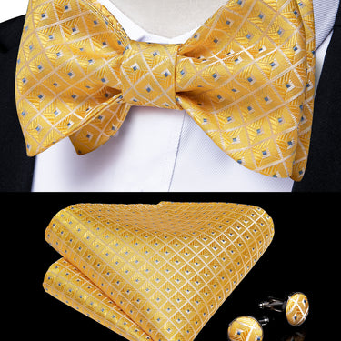 Yellow Blue Dots Silk Self-Bowtie Pocket Square Cufflinks Set