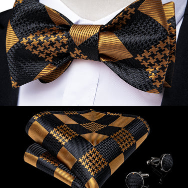 Gold Black Plaid Silk Self- Bowtie Pocket Square Cufflinks With Lapel Pin (4618878681169)
