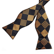 Gold Black Plaid Silk Self- Bowtie Pocket Square Cufflinks Set