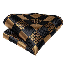 Gold Black Plaid Silk Self- Bowtie Pocket Square Cufflinks Set