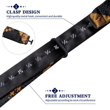 Gold Black Plaid Silk Self- Bowtie Pocket Square Cufflinks With Lapel Pin (4618878681169)