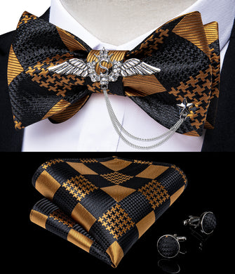 Brown Black Plaid Self-Bowtie Pocket Square Cufflinks With Wing Lapel Pin