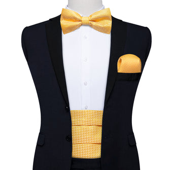 Yellow Plaid Cummerbund Bow tie Handkerchief Cufflinks Set