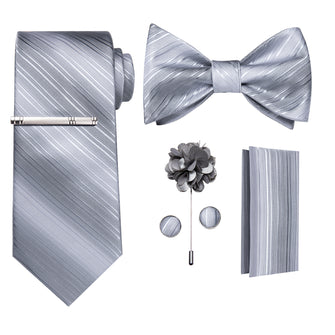 Silver Grey Pliad Bowtie Necktie  Hanky Cufflinks Brooch Clip Set
