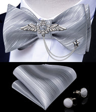 Grey Solid Self-Bowtie Pocket Square Cufflinks With Wing Lapel Pin