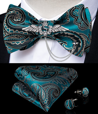 Blue Green Paisley Self-Bowtie Pocket Square Cufflinks With Wing Lapel Pin