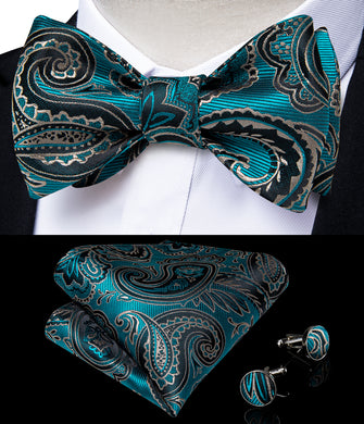 Teal Blue Paisley Silk Self-Bowtie Pocket Sqaure Cufflinks With Lapel Pin (4618886185041)