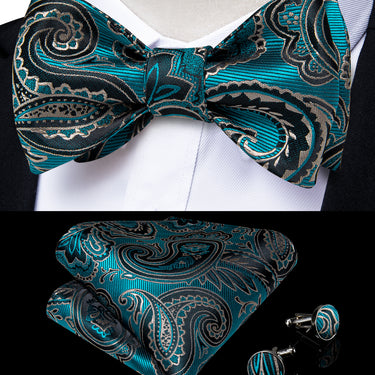 Teal Blue Paisley Silk Self-Bowtie Pocket Sqaure Cufflinks With Lapel Pin (4618886185041)