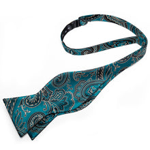 Teal Blue Paisley Silk Self-Bowtie Pocket Sqaure Cufflinks With Lapel Pin (4618886185041)