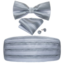 Grey White Striped Tuxedo Cummerbund Bow tie Hanky Cufflinks Set