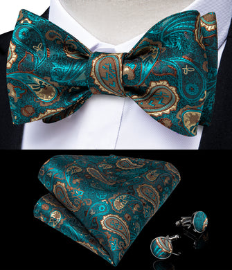 Teal Blue Yellow Self-Bowtie Paisley  Pocket Square Cufflinks With Lapel Pin (4618893951057)