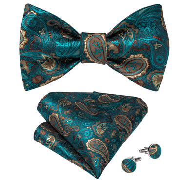 Teal Blue Yellow Self-Bowtie Paisley  Pocket Square Cufflinks With Lapel Pin (4618893951057)