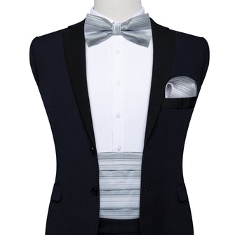 Grey White Striped Cummerbund Bow tie Handkerchief Cufflinks Set