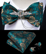 Teal Blue Paisley Self-Bowtie Pocket Square Cufflinks With Wing Lapel Pin