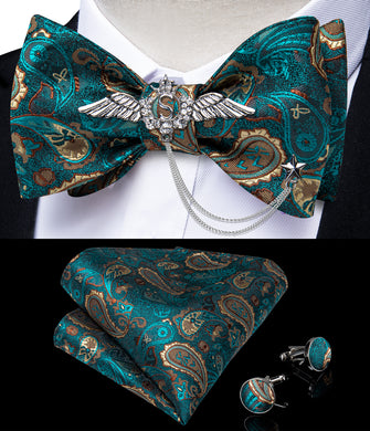 Teal Blue Paisley Self-Bowtie Pocket Square Cufflinks With Wing Lapel Pin