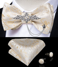 Beige Floral Self-Bowtie Pocket Square Cufflinks With Wing Lapel Pin