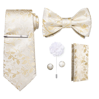 Beige Gold Floral Bowtie Necktie  Hanky Cufflinks Brooch Clip Set