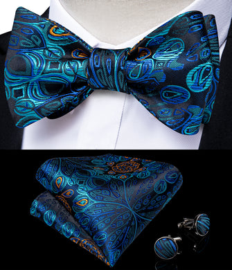 Deep Blue Silk Paisley Self-Bowtie Pocket Square Cufflinks With Lapel Pin (4618902143057)