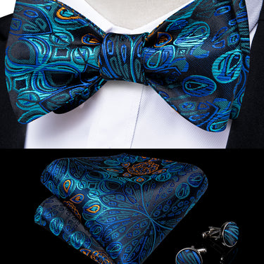 Deep Blue Silk Paisley Self-Bowtie Pocket Square Cufflinks With Lapel Pin (4618902143057)
