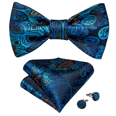 Deep Blue Silk Paisley Self-Bowtie Pocket Square Cufflinks With Lapel Pin (4618902143057)