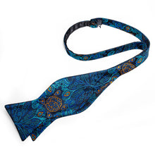 Deep Blue Silk Paisley Self-Bowtie Pocket Square Cufflinks With Lapel Pin (4618902143057)