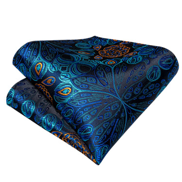Deep Blue Silk Paisley Self-Bowtie Pocket Square Cufflinks With Lapel Pin (4618902143057)