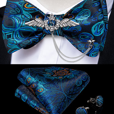 Novelty Blue Paisley Self-Bowtie Pocket Square Cufflinks With Wing Lapel Pin