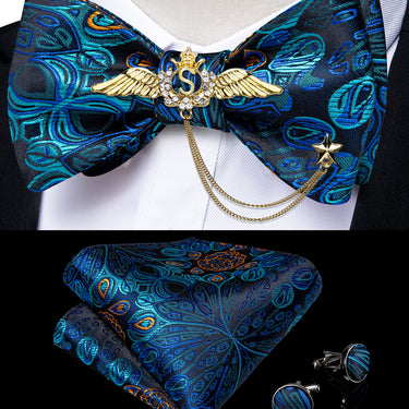 Novelty Blue Paisley Self-Bowtie Pocket Square Cufflinks With Wing Lapel Pin