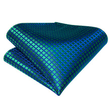 Teal Blue Grid Plaid Self-Bowtie Pocket Sqaure Cufflinks With Lapel Pin (4618910072913)