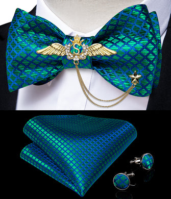 Blue Green Plaid Self-Bowtie Pocket Square Cufflinks With Wing Lapel Pin