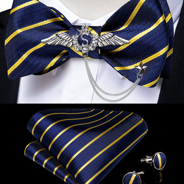 Blue Yellow Striped Self-Bowtie Pocket Square Cufflinks With Wing Lapel Pin