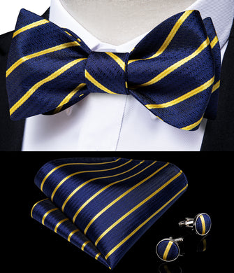 Blue Yellow Striped Silk Self-Bowtie Pocket Square Cufflinks With Lapel Pin (4618913480785)