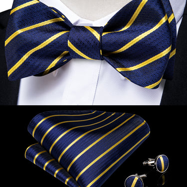 Blue Yellow Striped Silk Self-Bowtie Pocket Square Cufflinks With Lapel Pin (4618913480785)